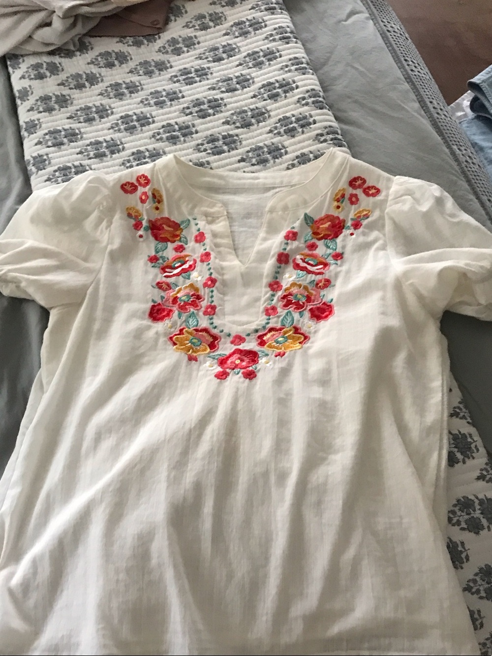 Embroidered V-Neck Women's Top in White